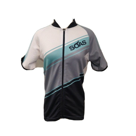 Soas Viking Cycling Jersey Size L Full Zip Short Sleeve White Blue Gray - Picture 1 of 6